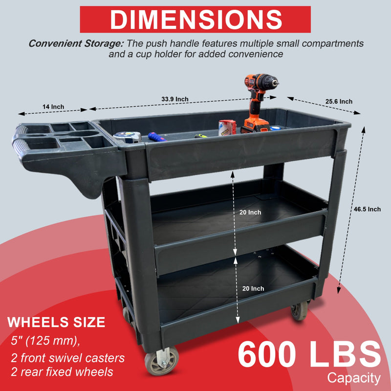 600 lbs Heavy Duty Plastic Rolling Utility Cart for Warehouse/Garage/Restaurants/Offices, HDPE Shelves, 5" Caster Wheels