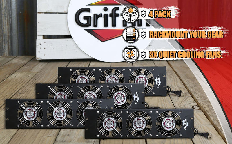 4 PACK - GRIFFIN Rackmount  Exhaust Fan | 3U Ultra-Quiet Triple Cooling Fans, Keep Studio Audio Equipment Gear Cool | Rack Mount on Network IT System Server Rails | Temperature Control Panel Cabinet