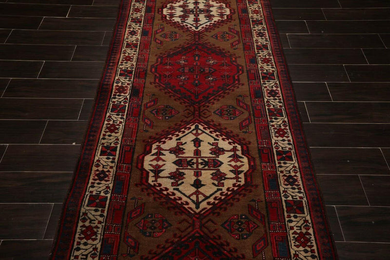 3'8" x 11' Vintage Runner Hand Knotted Wool Tribal Hamadan Area Rug Brown