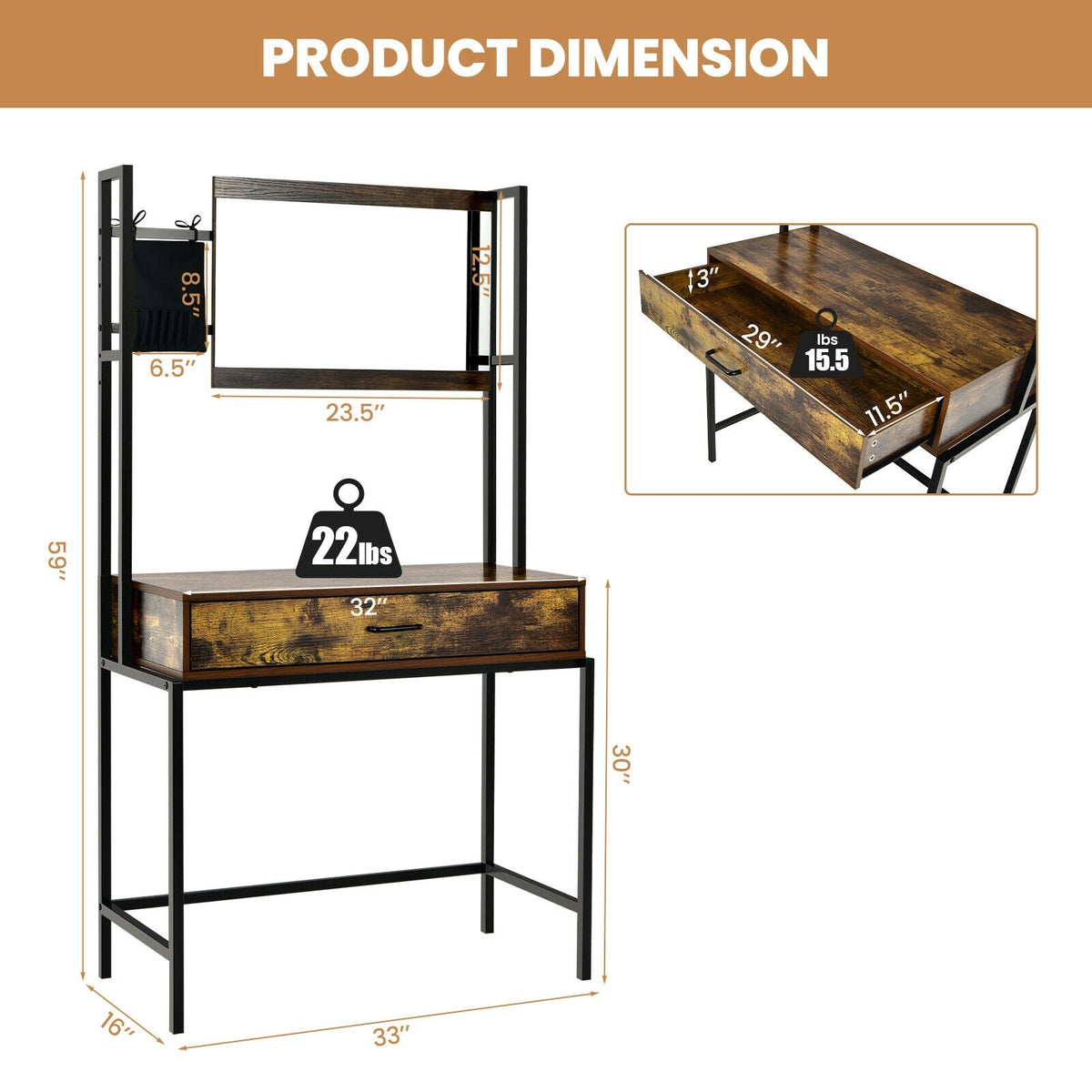 Industrial Vanity Table with 3-Height Adjustable Mirror Bag-Brown, photo 4 of 8