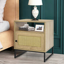 Wooden Side End Table with Cabinet and Rattan Decorated Door-Natural by LJGDeals