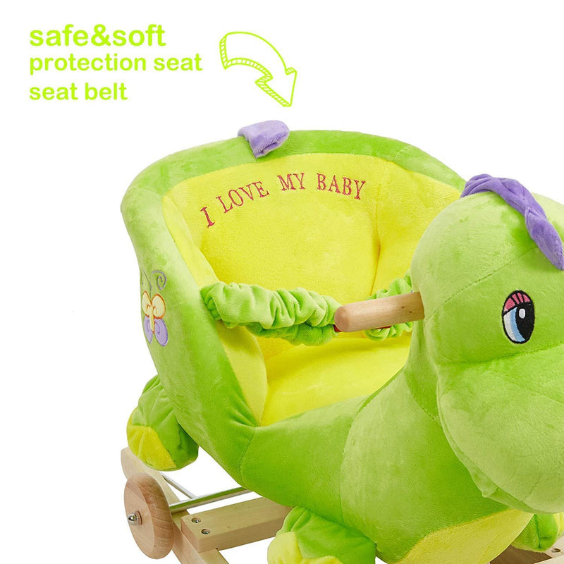 Rocking Horse Toys Baby 2-in-1 Wooden Plush Rocker Seat Ride-On Stroller with Seat Belt, Green Dinosaur