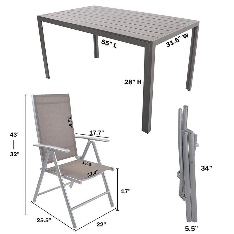 Patio Dining Table Chair Sets 55" Aluminum Frame Outdoor Table with Set of 4 Folding Sling Back Chairs, Grey