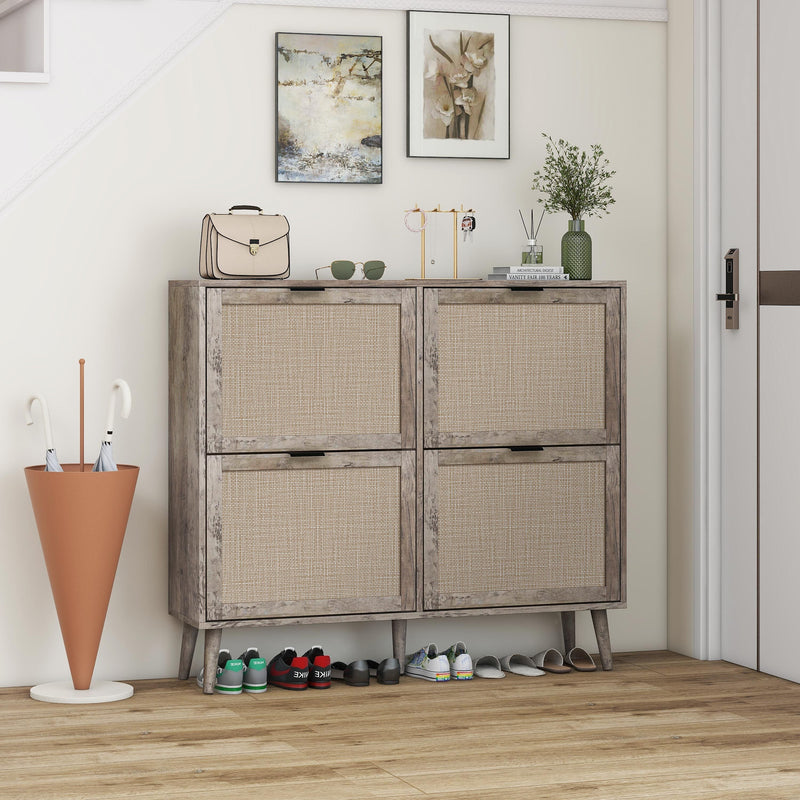 Walker Edison | Modern Rattan 4 Door Shoe Rack Cabinet for Entryway