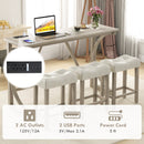 4-Piece Bar Table Set with Power Outlet and Upholstered Saddle Seat Stools-Grey and Beige