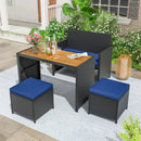 4 Piece Outdoor Dining Set with Wood Topped Dining Table Rattan Loveseat Chair and 2 Ottomans-Navy by LJGDeals