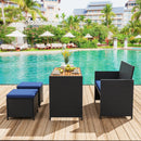 4 Piece Outdoor Dining Set with Wood Topped Dining Table Rattan Loveseat Chair and 2 Ottomans-Navy by LJGDeals