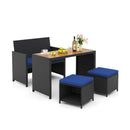 4 Piece Outdoor Dining Set with Wood Topped Dining Table Rattan Loveseat Chair and 2 Ottomans-Navy by LJGDeals