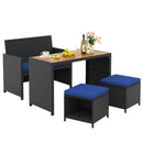 4 Piece Outdoor Dining Set with Wood Topped Dining Table Rattan Loveseat Chair and 2 Ottomans-Navy by LJGDeals
