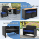 4 Piece Outdoor Dining Set with Wood Topped Dining Table Rattan Loveseat Chair and 2 Ottomans-Navy by LJGDeals