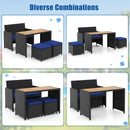 4 Piece Outdoor Dining Set with Wood Topped Dining Table Rattan Loveseat Chair and 2 Ottomans-Navy by LJGDeals