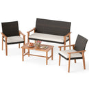 4 Piece Patio Furniture Set PE Rattan Porch Chairs with Acacia Wood Coffee Table and Soft Cushions-White by LJGDeals