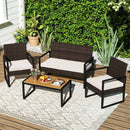 4 Piece Patio Furniture Set Outdoor Rattan Conversation Set with Cushioned Chairs and Wood Plastic Coffee Table-Off White by DirectDeals