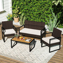 4 Piece Patio Furniture Set Outdoor Rattan Conversation Set with Cushioned Chairs and Wood Plastic Coffee Table-Off White by LJGDeals