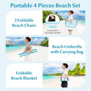 4 Pieces Beach Umbrella Set with 2 Foldable Chairs and Picnic Blanket by LJGDeals