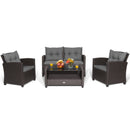 4 Pieces Patio Rattan Conversation Furniture Set with Glass Top Coffee Table-Gray