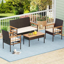 4 Pieces Wicker Furniture Set with Acacia Wood Tabletop and Armrests for Porch-White by LJGDeals