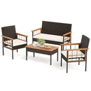 4 Pieces Wicker Furniture Set with Acacia Wood Tabletop and Armrests for Porch-White by LJGDeals