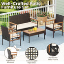 4 Pieces Wicker Furniture Set with Acacia Wood Tabletop and Armrests for Porch-White by LJGDeals