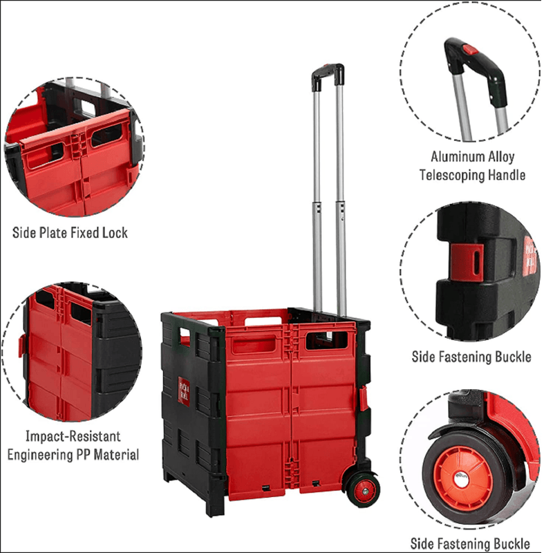 6 Pack Collapsible Rolling Crate Utility Cart 56L Foldable Grocery Cart with Wheels (Red, Large)