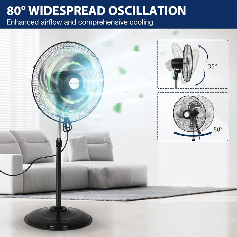 BILT HARD 18" 3900 CFM Oscillating Pedestal Fan: High Velocity, 3-Speed Metal Shop Fan, UL Listed