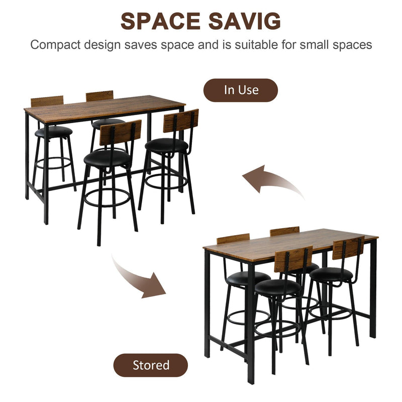 5 Piece Dining Bar Table Set with 4 Upholstered Bar Stools, Mid Century Pub Stool Dining Table for 4, Rustic Brown