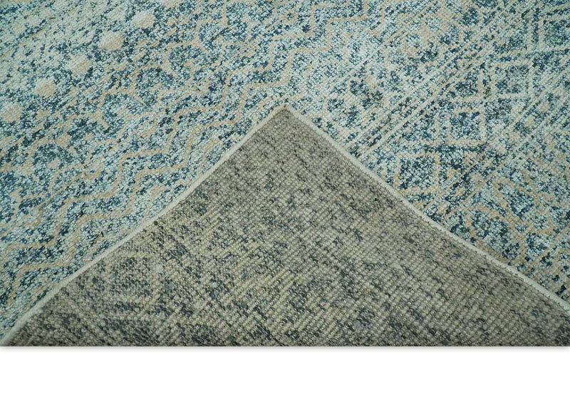 6X9 Teal and Beige Hand Knotted Southwestern Tribal Trellis recycled silk Rug