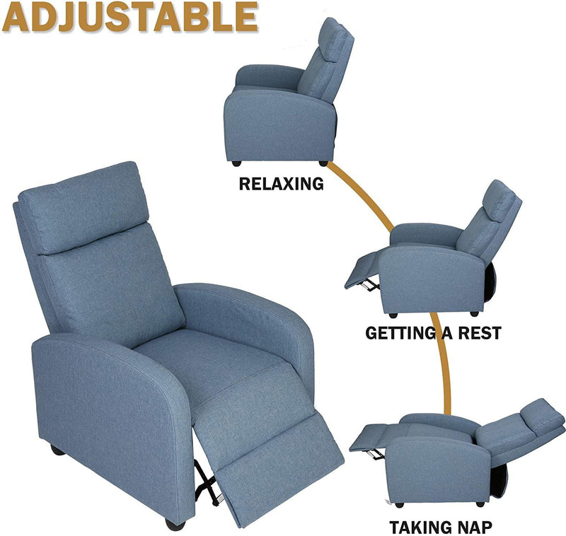 Fabric Recliner Chair Adjustable Single Sofa Home Theater Seating Recliner Reading Sofa for Living Room & Bedroom, Blue