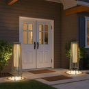 2 Piece Solar Powered Lantern Wicker Solar Patio Lamp Grey by JHY DESIGN