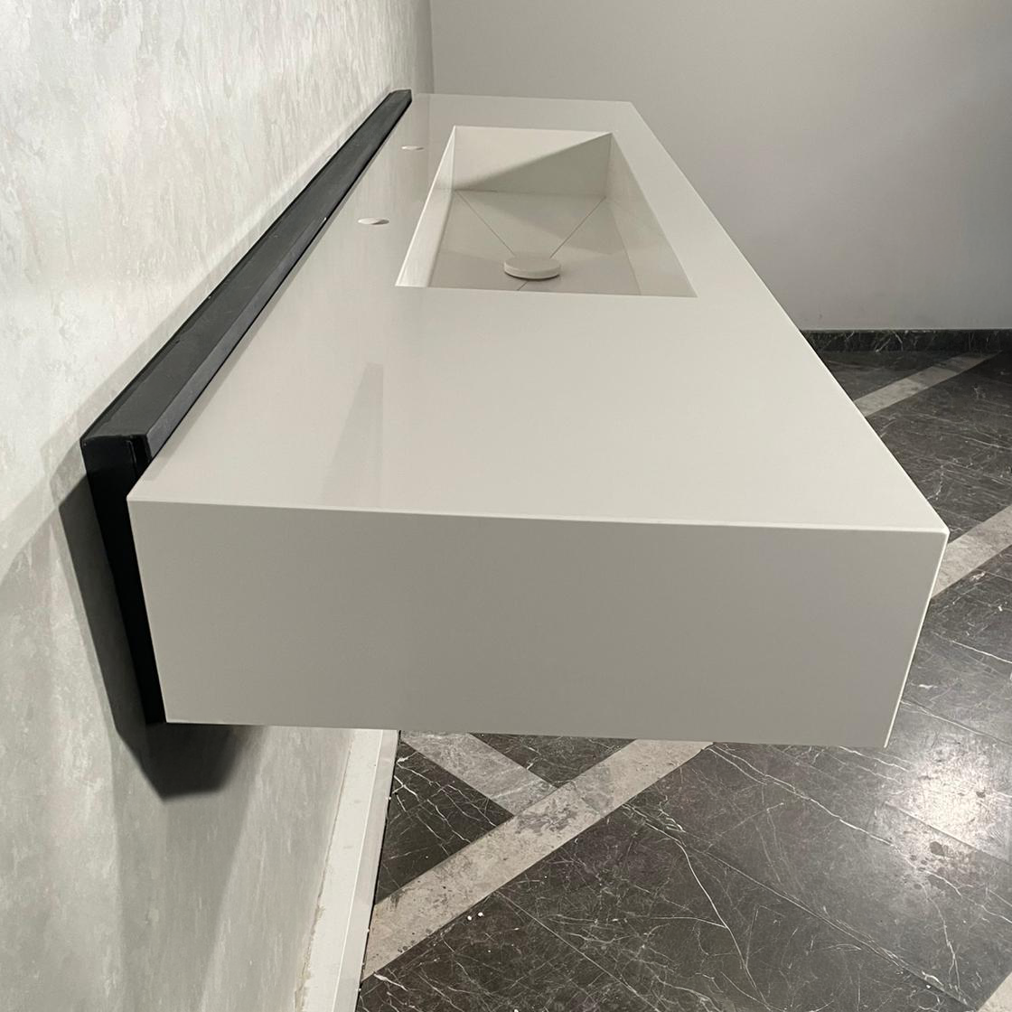 White Quartz Large Bathroom Trough Sink Wall Mount Contemporary Design, photo 5 of 13