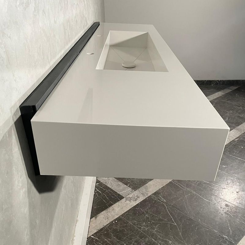 White Quartz Large Bathroom Trough Sink Wall Mount Contemporary Design, photo 5 of 13