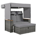 2-Piece Rattan Outdoor Patio Bench Lounge Roof Set, Effective UV Protection Fabric & Waterproof Cushions and Adjustable Backrest for Garden, Backyard and Porch (Grey Wicker + Grey Fabric)