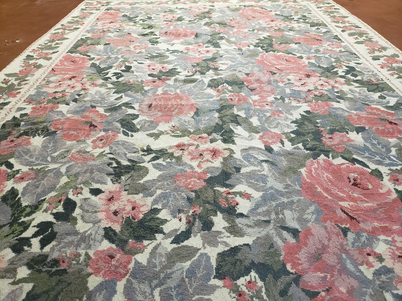 5x8 Needlepoint Rug 5' 4" x 8' 3" Wool Flat Weave Floral New Unused Carpet English Design Ivory Large Pink Flowers Green Leaves Hand-Knotted