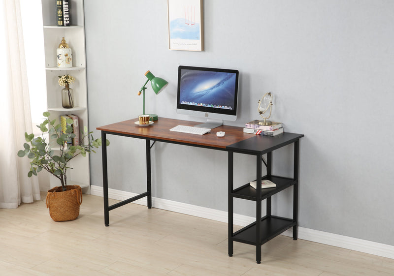 55-inch oversized computer desk, small study desk with wooden storage shelf, 2-layer industrial modern laptop desk with splicing board, (black and Rustic Brown)