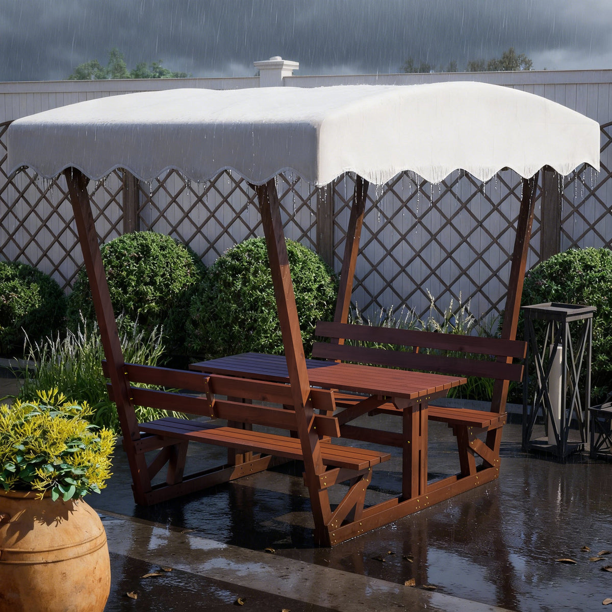 Outdoor Waterproof Solid Wood Picnic Table and Bench Set with Removable Canopy, photo 7 of 10