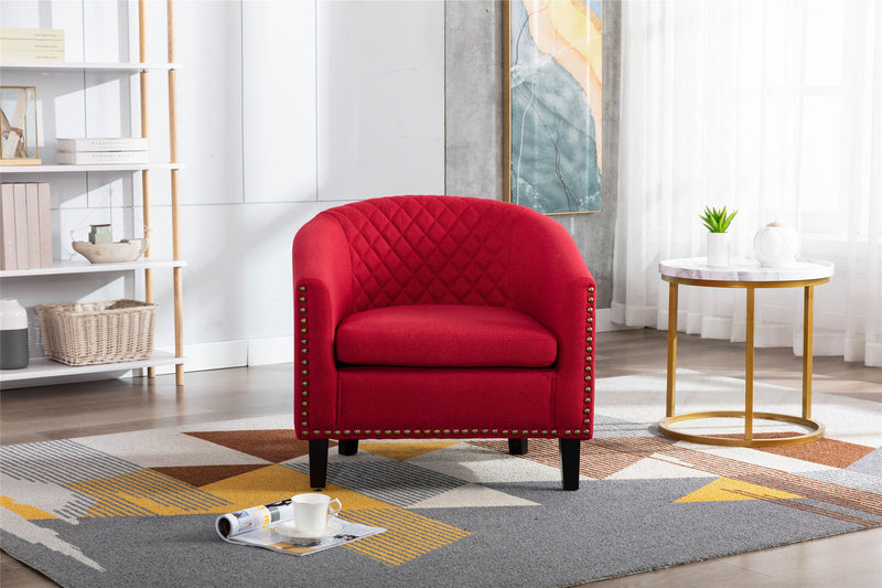 accent Barrel chair living room chair with nailheads and solid wood legs Red Linen