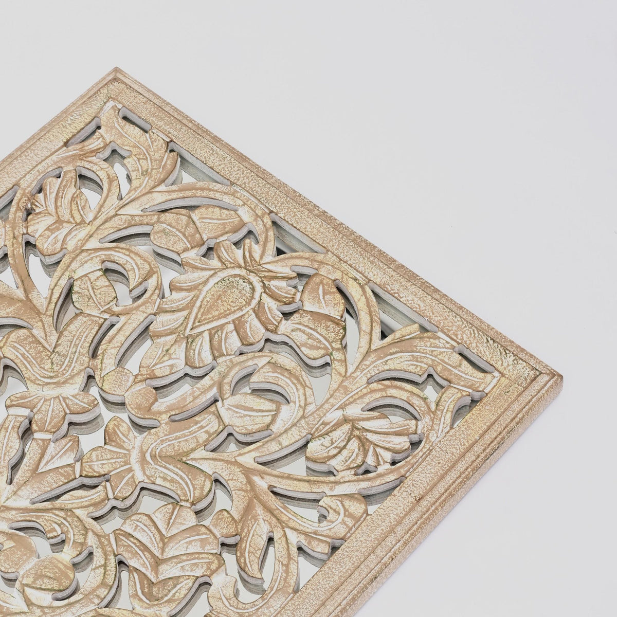 Floral Hand Carved Mandala Rectangle Wall Decor With Mirror - Antique Brown / White, photo 4 of 6