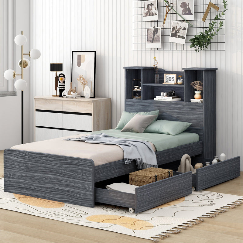 Walker Edison | Twin Size Storage Platform Bed Frame with 4 Open Storage Shelves and 2 Storage Drawers, LED Light, Gray