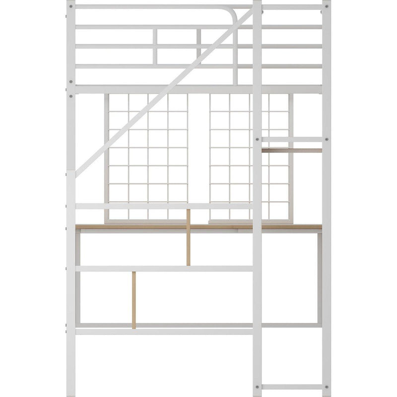 Twin Loft Bed with Desk and Storage Wardrobe, Heavy Duty Loft Bed with Stairs and Metal Grid, Twin Size Loft Bed, No Box Spring Needed, White Loft Bed Twin Size-White