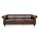 83.46" Brown PU Rolled Arm Chesterfield Three Seater Sofa.