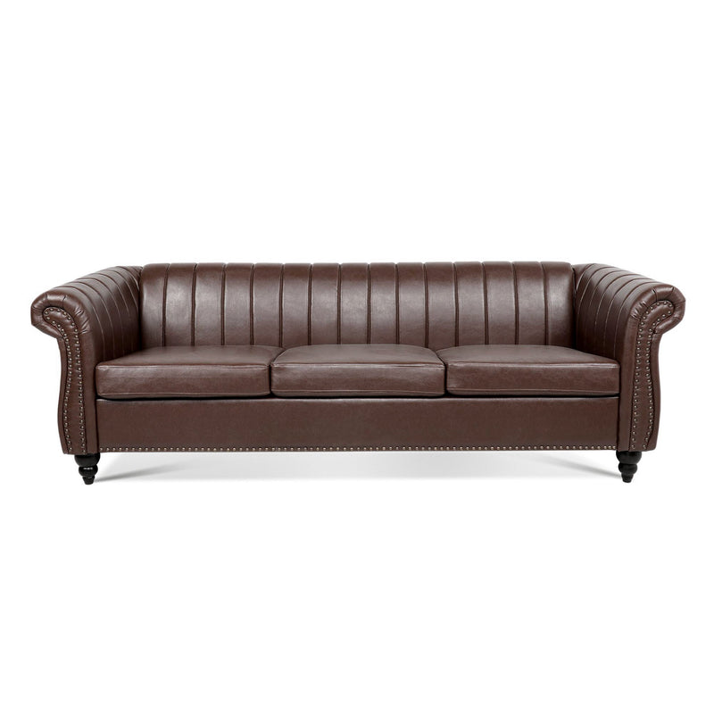 83.46" Brown PU Rolled Arm Chesterfield Three Seater Sofa.