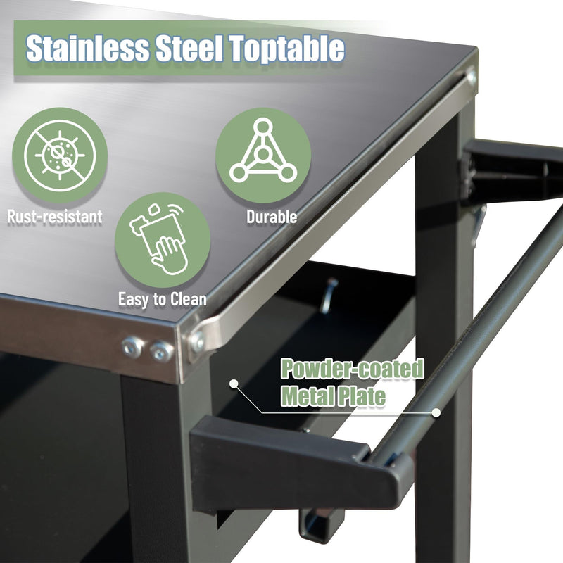 3-Shelf Outdoor Grill Table, Grill Cart Outdoor with Wheels, Pizza Oven and Food Prep Table, Blackstone Table with Stainless Steel Tabletop, Grill Stand for Blackstone Griddle for Outside BBQ