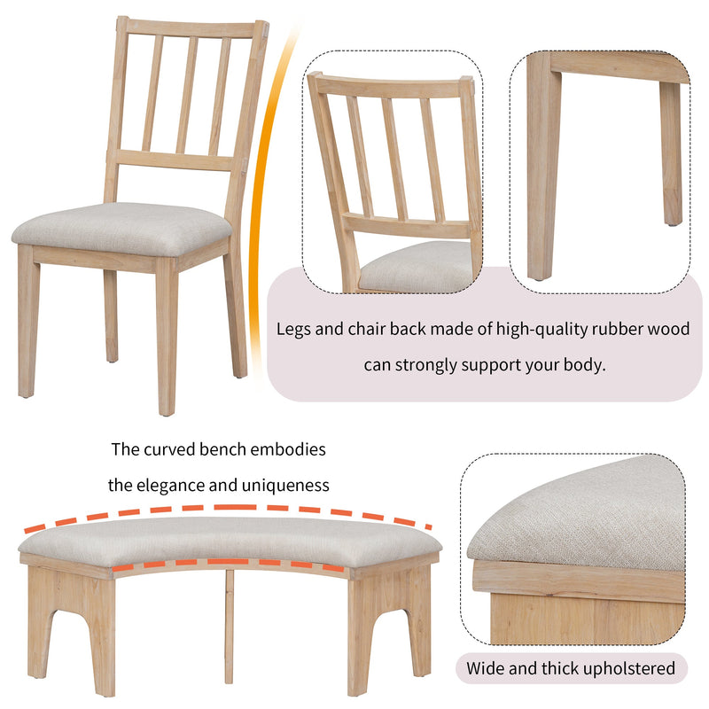 5-Piece Dining Table Set, 44" Round Dining Table with Curved Bench & Side Chairs for 4-5 People for Dining Room and Kitchen (Natural Wood Wash)