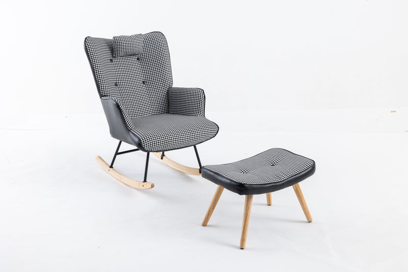 35.5 inch Rocking Chair with Footrest, Soft Houndstooth Fabric Leather Fabric Rocking Chair for Nursery, Comfy Wingback Glider Rocker with Safe Solid Wood Base for Living Room Bedroom Balcony (black)