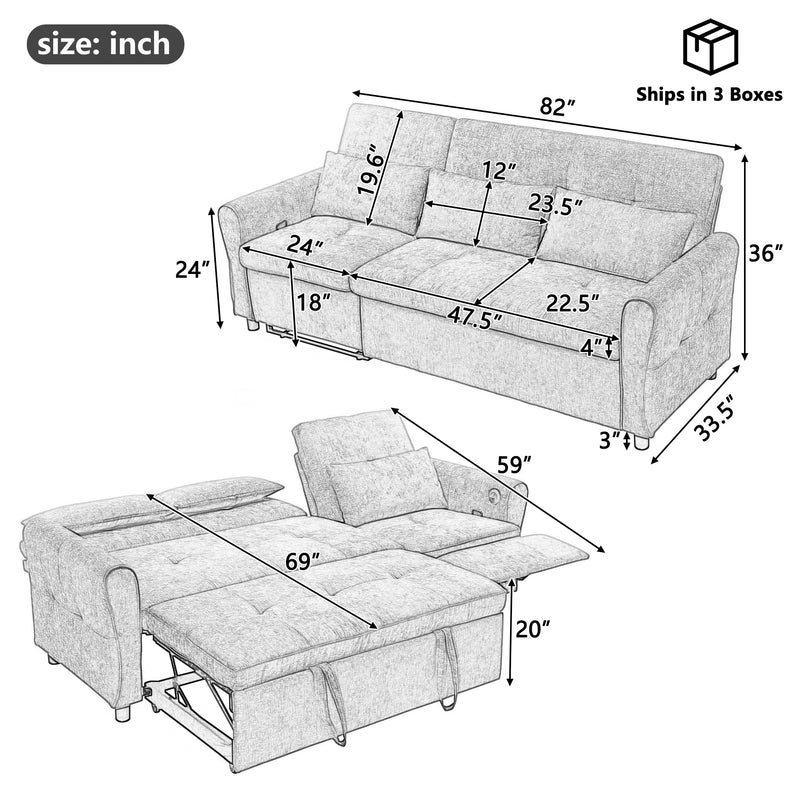2-in-1 Sofa 82' Three-seater Sofa with Sofa Bed and Reversible Recliner, Blue Chenille