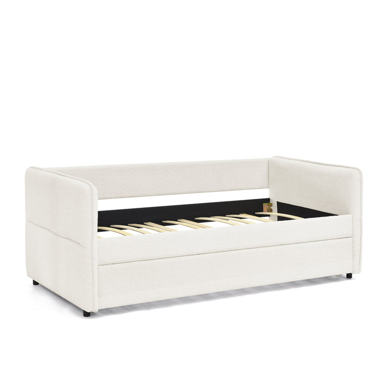Daybed with Trundle Upholstered Tufted Sofa Bed, Twin Size, Boucle Fabric, Beige (83'x43'x29.5')