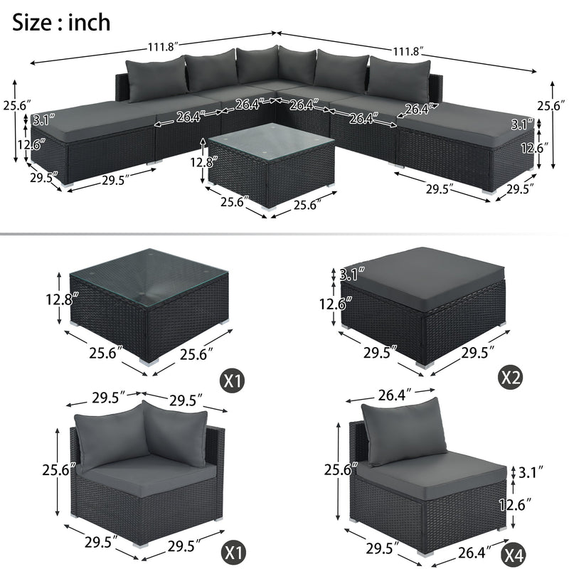 8-Pieces Outdoor Patio Furniture Sets, Garden Conversation Wicker Sofa Set, Single Sofa Combinable, Gray Cushions Black Wicker