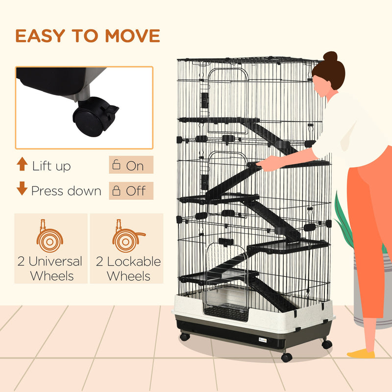 60" Small Animal Cage with Wheels, 6-Level Portable Bunny Cage, Chinchilla Ferret Cage with Removable Tray, Platforms and Ramps, Black