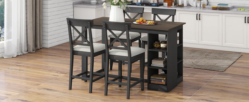 60"Lx30"W Solid Wood Farmhouse Counter Height Dining Table Set with 3-Tier Storage Shelves, Upholstered Dining Chairs for 4, 5-Piece, Gray
