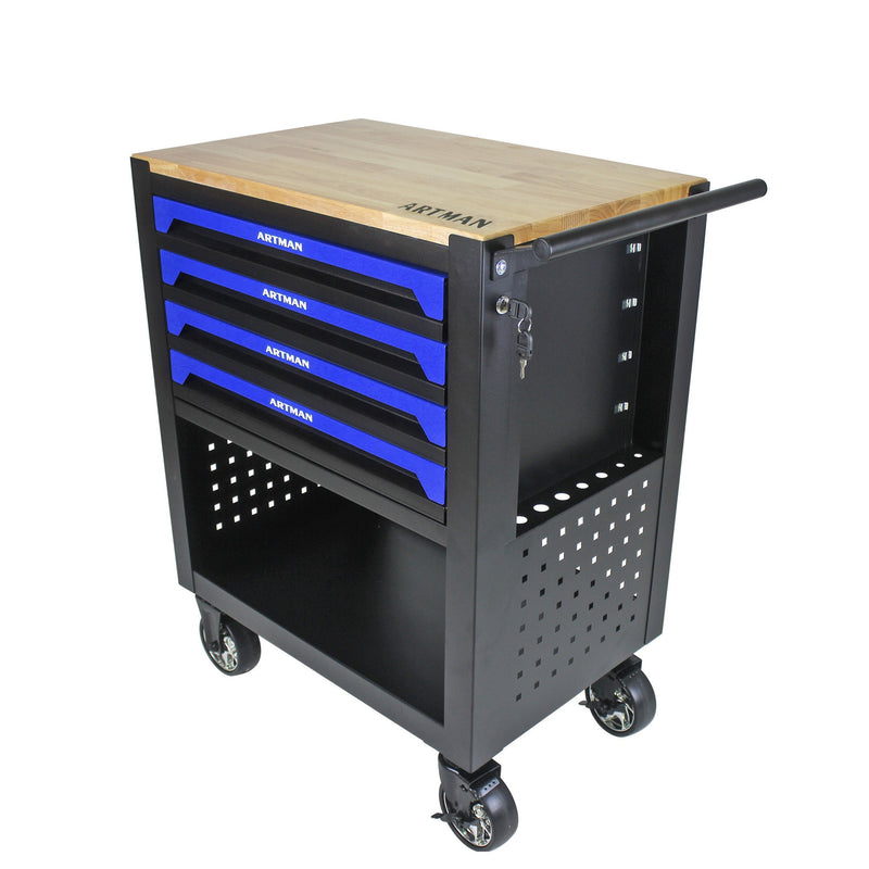 4 DRAWERS MULTIFUNCTIONAL TOOL CART WITH WHEELS AND WOODEN TOP-BLUE